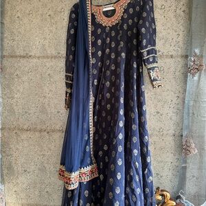 Elegant Blue Embroidered Anarkaliindian Pakistani 3 pieces dress